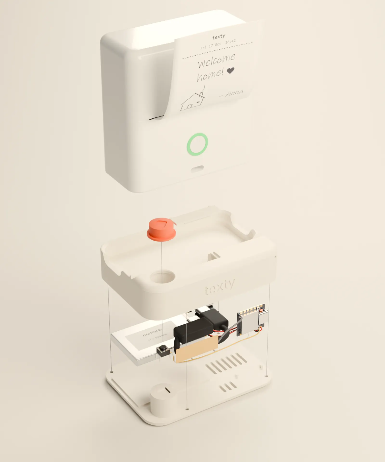 Exploded view of a Texty: printer, dock, battery, board and button