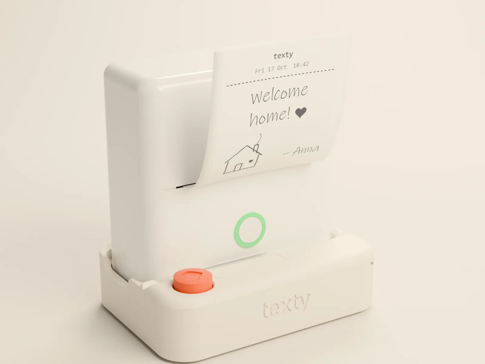 A Texty with a freshly printed note saying “Welcome home!”