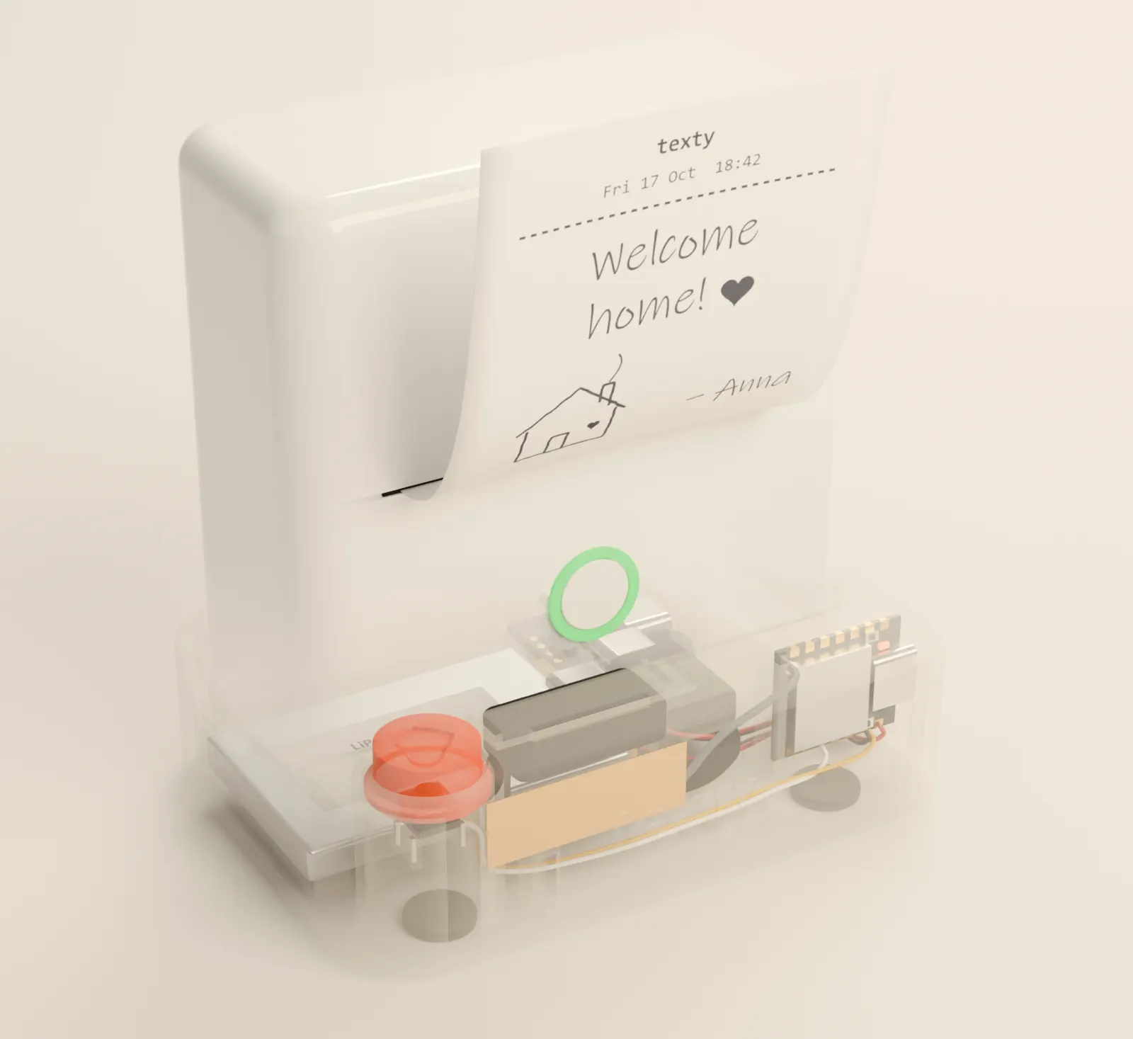 X-ray view of a Texty: inside the dock you see the battery, the USB-C splitter, the small XIAO board and the red button under the printer.